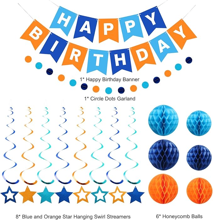 meowtastic Birthday Decorations, Happy Birthday Banner with Honeycomb Balls, Star Hanging Swirl Streamers, Circle Dots Garland, Happy Birthday Party Decorations for Women Girls (Blue & Orange)