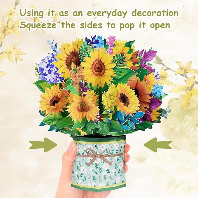 Sunflower Bouquet Pop Up Card, 3D Flower Greeting Card with Envelopes for Any Occasion, Birthday, Mother's Day, Anniversary, Valentines Day, Handmade Gifts, Foldable Flower Cards for Friends