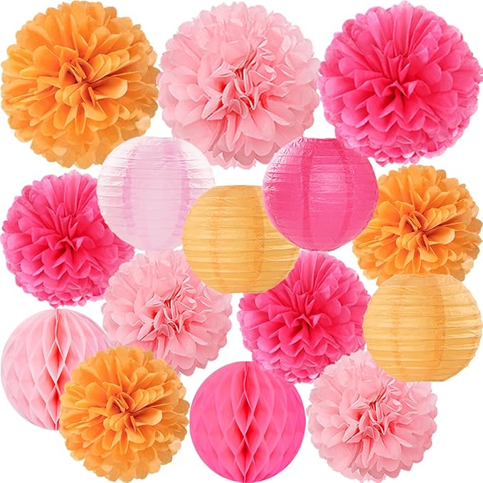 Hot Pink Orange Paper Flowers Tissue Pom Poms Honeycomb Lanterns 15pcs Party Decorations Fall Thanksgiving Wedding Baby Bridal Shower Birthday Autumn Groovy Sunset Hanging Supplies Mprocherify