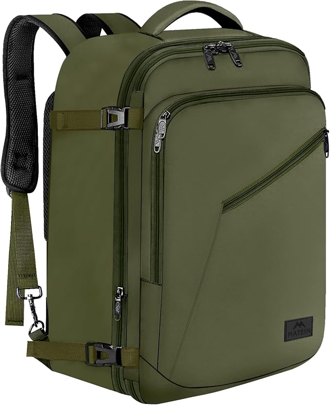 MATEIN Expandable Air Travel Backpack, Light Weight Carry on Backpack with Trolley Sleeve, Water Resistant Daypack for Hiking, Gifts for Men who Like to Travel, Dark Green