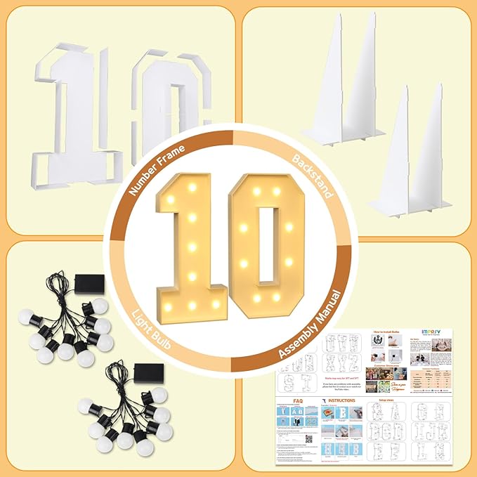 Imprsv 3FT Light Up Numbers, Marquee 10th Birthday Decorations for Girls Boys, Large Light Up 10th Birthday Women Foam Board Anniversary Party Decorations Arch Kit (DIY)