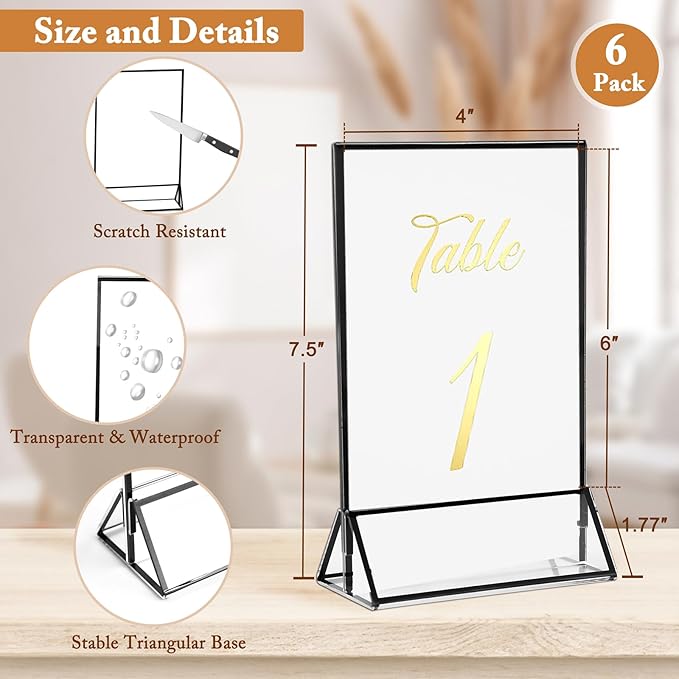 Floroom 6 Pack 4x6 Inch Clear Acrylic Sign Holders, Double-Sided Black Display Stand Picture Frames for Table Numbers, Menus, Flyers, Weddings, and Offices