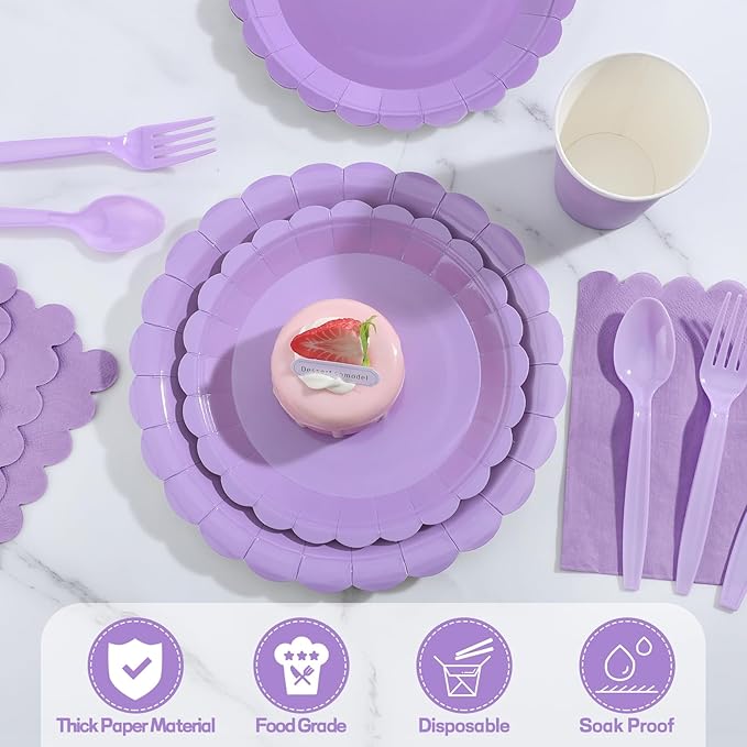 350 Pcs Lavender Paper Plates and Napkins, Easter Plates Light Purple Party Supplies Include Light Purple Scalloped Plate Napkins Cups Plastic Spoon Fork Knive for Baby Shower, Wedding, Birthday