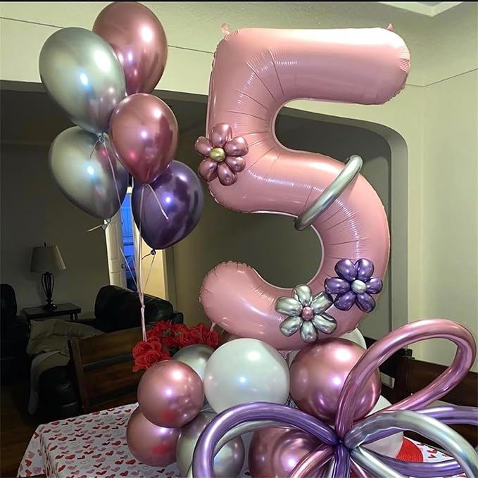 Light Pink Balloon Number 5, 40 Inch Large Self Inflating Foil Number Balloons 0-9, Pastel Pink Digital 5 Helium Balloon for 5th Girls Women Birthday Party Graduation Anniversary Decorations