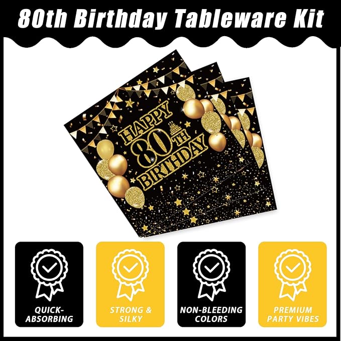 96Pcs 80th Birthday Party Tableware Set, Back in 1946 Birthday Party Decorations Supplies for Men Women Cheers to 80 Years Disposable Paper Plates Napkins Forks Favors, Serve 24