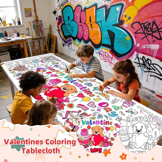 Valentines Coloring Tablecloth/Poster, 2 PCS Valentines Day Gifts for Kids Classroom, Valentines Day Decorations, 72"x30" Giant Paper Coloring Banner Tablecloth Crafts Activities for Party Decorations