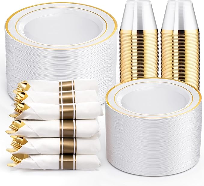 WELLIFE 350-Piece Gold Disposable Plates and Cutlery Set - Premium 10.25" Dinner Plates, 7.5" Dessert Plates, 9oz Cups & Cutlery for Weddings, Catering Events - 50 Guest Service - Elegant & Sturdy