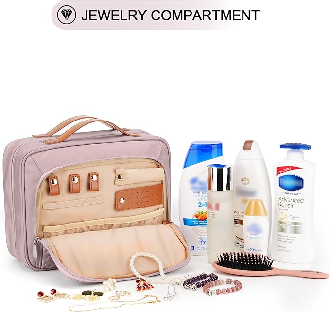 Travel Hanging Toiletry Bag for Women and Men, with 8 Leak Proofing Silicone Bottle Covers, Waterproof Makeup Accessories, Cosmetic Essentials, Cruise Ship Toiletries Bag with Jewelry Organizer, Pink