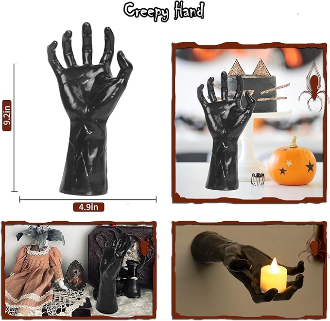 Halloween Decorations, 3 Pack Wall Mounted Creepy Reaching Hands with LED Candles, Life-Sized Horror Wall Hands for Gothic Wall Decor Outdoor/Indoor (Style 2)