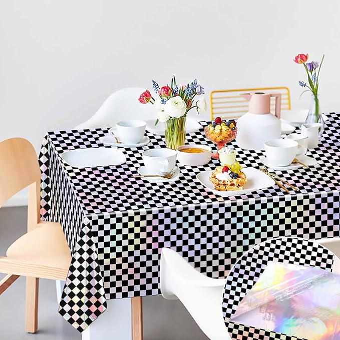 1 Pack Black and Iridescent Checkered Tablecloth Shiny Disposable Holographic Foil Table Cloth Plastic Laser Rectangle Table Cover for Picnic Birthday Party Race Car Tablecloth