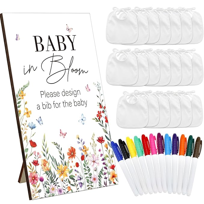 Panitay 43 Pcs Baby Shower Games White Bibs Design, Include Wooden Baby Shower Game Sign, 30 DIY Blank White Bibs, 12 Markers for Gender Reveal Party Decorating Supplies(Wildflower)