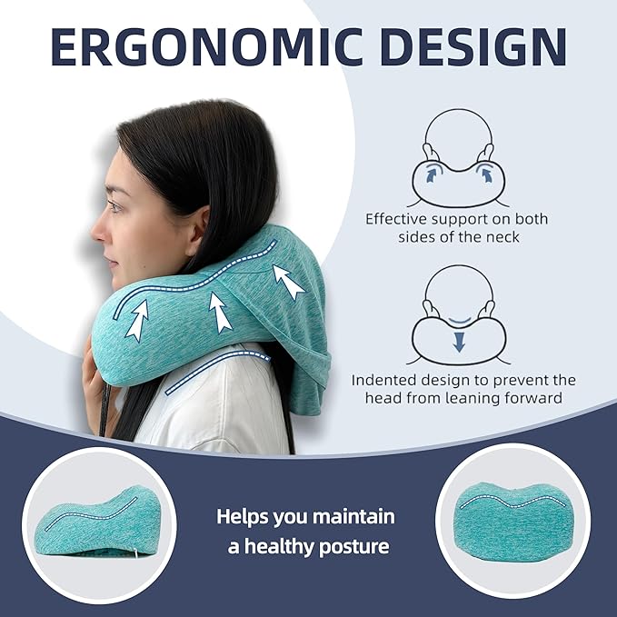Travel Pillow with Extra Large Hood for Airplane Long Flights Privacy and Comfort Memory Foam with Skin-Friendly Cover for Road Trip Head&Neck Support for Plane Office Cars Sleeping & Rest (Mint Blue)