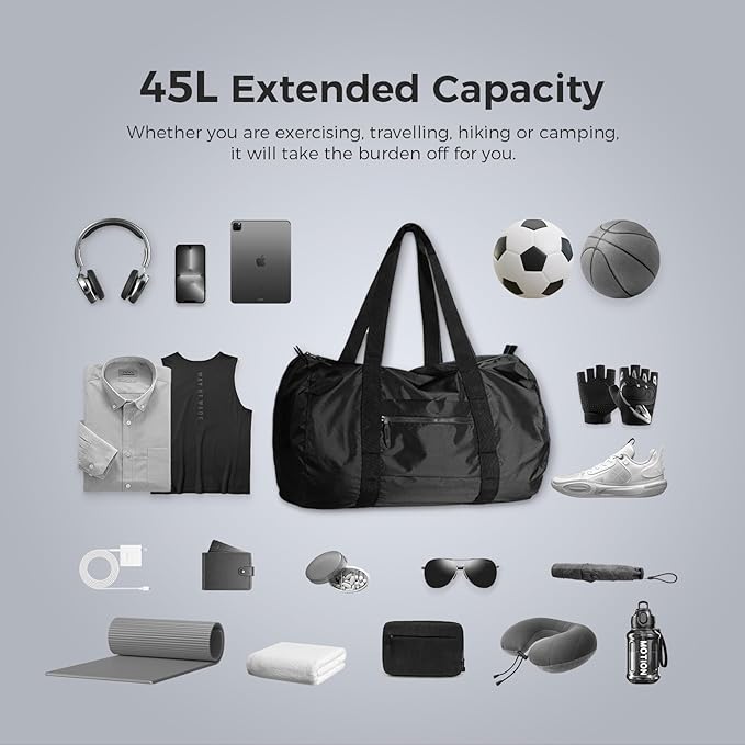 pack all 45L Foldable Duffel Bag, Water-Resistant Sports Gym Bag, Portable Weekender Bag Lightweight for Travel, Fitness and Camping (Black)