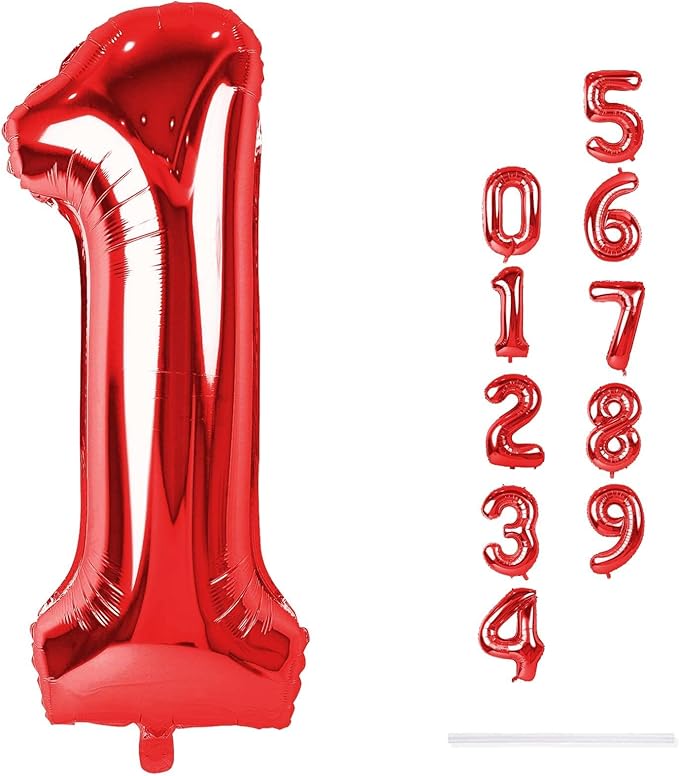 Red Number 1 Balloons, 40 Inch Large Foil Number Balloons Set 0-9 for Women, Self Inflating Digital 1 Helium Balloon for Girls Boys 1st Age Birthday Anniversary Party Decorations Photo Shoot Supplies