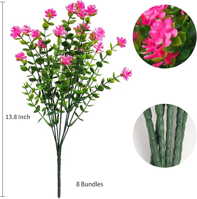 RECUTMS Artificial Flowers Outdoor Artificial Fake Flowers Fake Greenery Fake Plants Faux Outdoor Plastic Plants UV Resistant Shrubs Boxwood Plant Eucalyptus Hanging Basket Home Garden Decor (Pink)