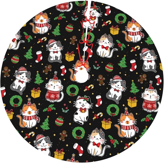 Funny Cats Christmas Tree Skirt, 30 Inch Xmas Tree Mat for Holiday Party Home Decor Indoor Outdoor Use with Adorable Cat Designs 36"