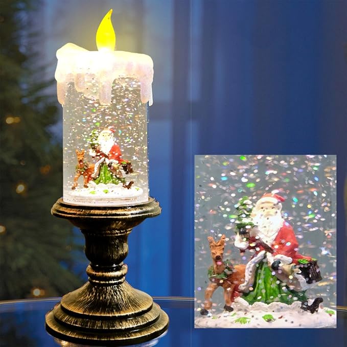 Eldnacele Battery Operated Lighted Flameless Candles Christmas Snow Globe Candle Light Swirling Water Glittering Spinning Candles for Home Decoration(Santa)