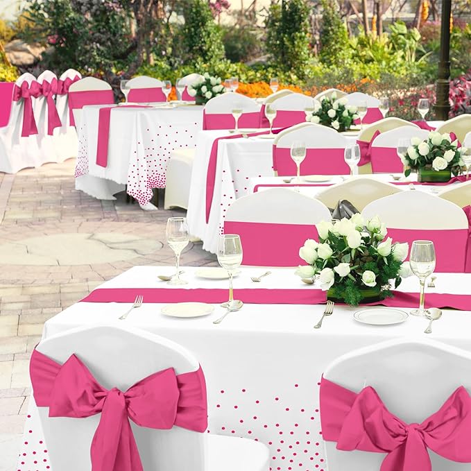 MASHAN 8Pack Disposable Plastic Party Tablecloths & Satin Table Runner Set - White Hot Pink Dot - Wedding, Birthday, Baby Shower - 54 x 108 Inch