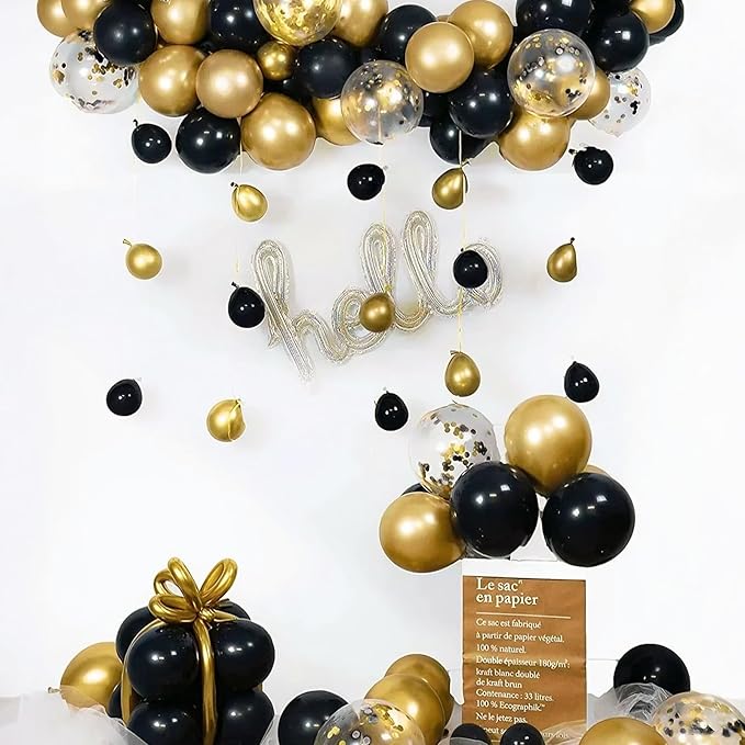 Patimate Black Gold Confetti Balloons Set, 50 pcs 12 inch Metallic Gold Black Confetti Latex Balloons Kit for Birthday Wedding Graduation New Years Anniversary Party Decorations