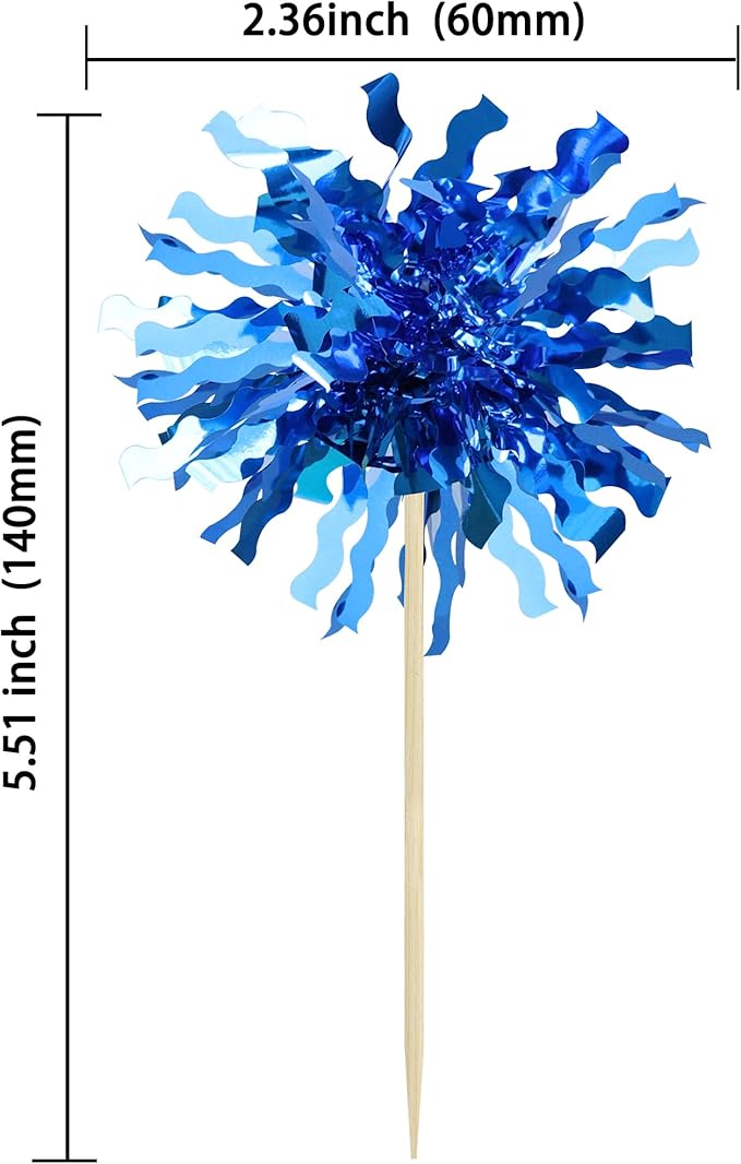 Gyufise 30Pcs Foil Firework Cupcake Toppers Happy Birthday Cake Toppers Sparkle Tinsel Flower Drink Stirrers Cocktail Food Fruit Toothpicks for Valentine's Day Party Supplies Blue