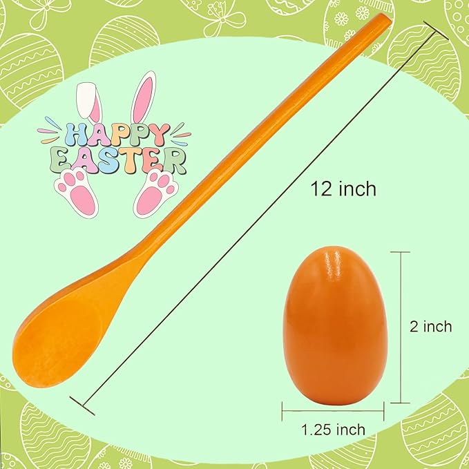 6 Wooden Easter Eggs and 6 Wooden Spoon Race Game Set, 6 Sets, Multi-Player Carnival Game for Kids & Family Activity Holiday Outdoor Yard Easter Egg Hunt Birthday Party Lawn Games
