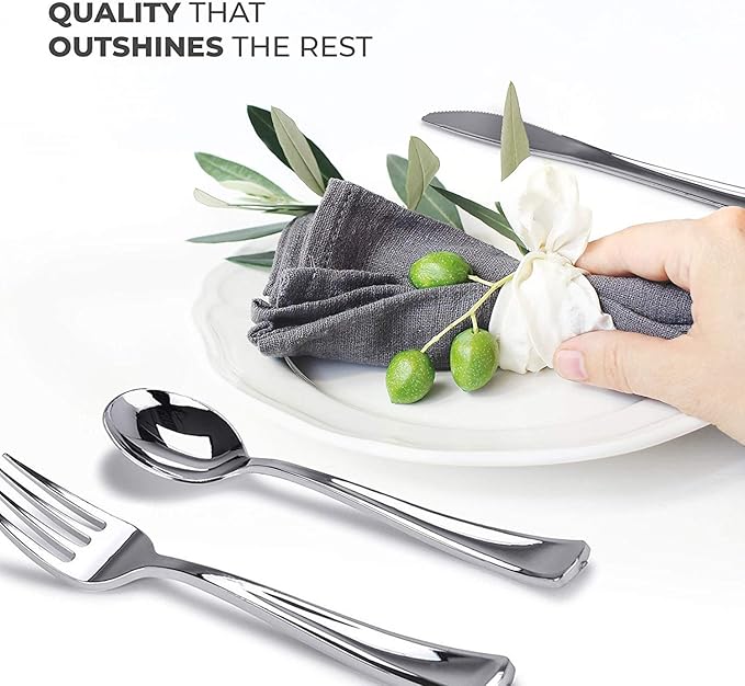 160 Pack Silver Plastic Cutlery Disposable Silverware - 80 Forks, 40 Knives, 40 Spoons - For Catering, Parties, Dinners, Weddings, and Everyday Use