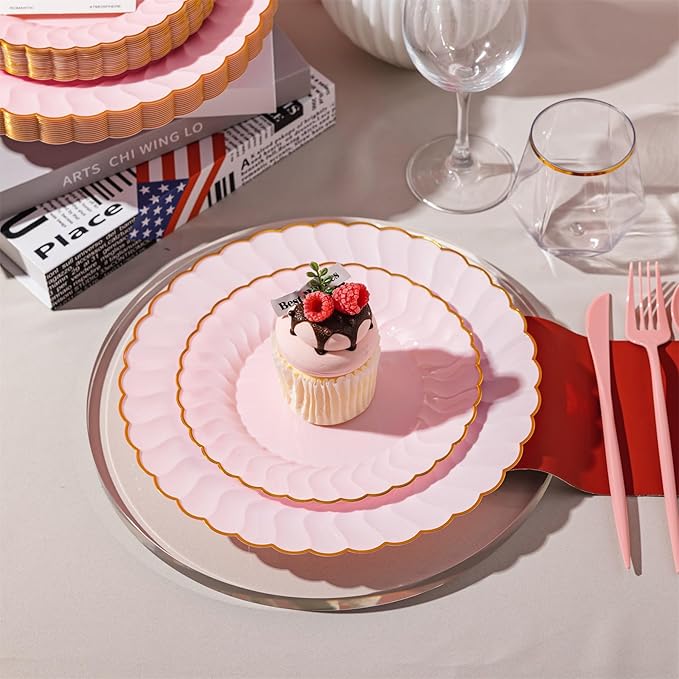 Lullaby 60PCS Pink Scalloped Plastic Plates with Gold Rim, Disposable Elegant Plates Include 30pcs Dinner Plate 10.25", 30pcs Dessert Plate 7.5", Perfect for Daily Use, Wedding and Party