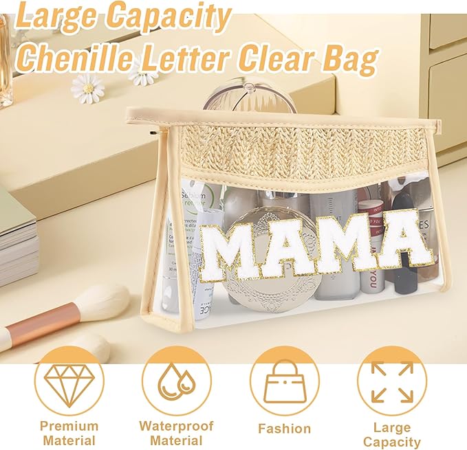 Iqimott Clear Patch Makeup Letter Bag, Boho Letter Bag for Beach Swim, Waterproof Zipper Make up Bags Toiletry Pouch for Women Girls, Clear Letters Patch Cosmetic Bags for Travel(Mama, Beige)