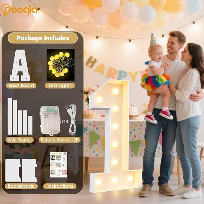 Pooqla 4 FT Light Up Marquee Numbers, Giant Mosaic Light Up Numbers Cool White and Warm White LED, Large Lighted Marquee Numbers for Balloons 1st 16th 21st Birthday Party Decoration, LED Number 1