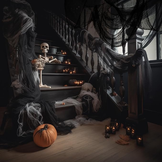 80 x 400 Halloween Decorations Creepy Cloth Indoor Outdoor, Scary Gauze Halloween Party Decorations, Spooky Home Decor Supplies for Table Tree Garden Doorway Haunted House Yard Skeleton (1PCS Black)