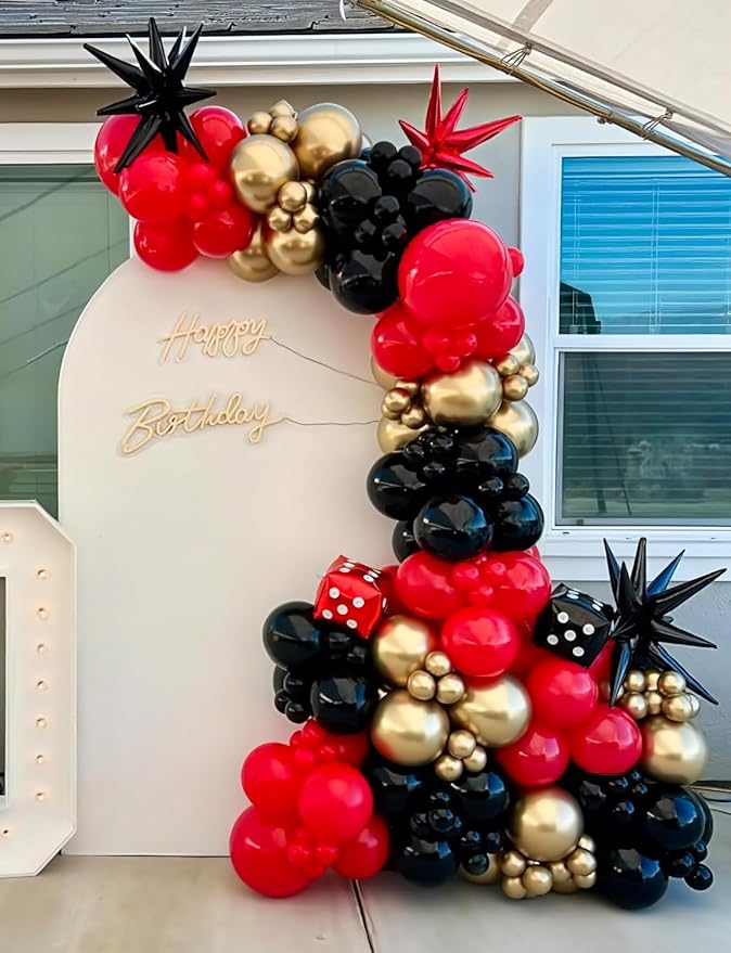 Red Black and Gold Balloons Arch Garland Kit – 131Pcs Latex Balloons with Foil Starburst Balloons for Birthday Hollywood Casino Movie Night New Year Party Decor