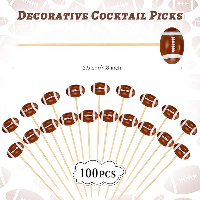 100 Pcs Football Toothpicks, 4.72 Inch Football Cocktail Picks for Appetizers, Long Bamboo Toothpicks, Decorative Toothpicks Skewers for Holiday Birthday Party Decorations (Football 3D)