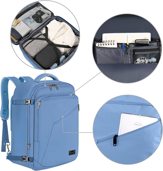 MATEIN Big Backpack for Travel, Carry on Backpack for Airlines with Hide Away Shoulder Straps, Large Hiking Daypack with 2 Handles, Gifts for Traveler Women, Light Blue