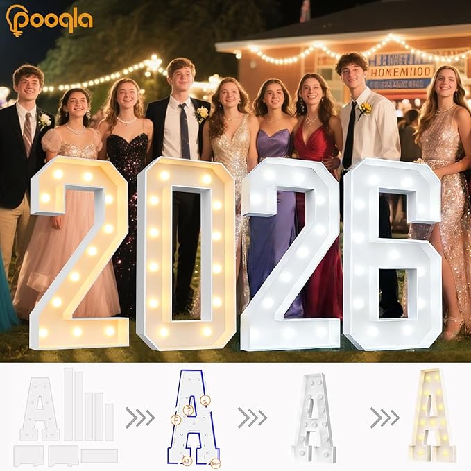 Pooqla 4 FT Light Up Marquee Numbers, Cool White and Warm White LED Large Lighted Marquee Numbers, Giant Mosaic Light Up Numbers for Balloons 6th 16th 60th Birthday Party Decoration, LED Number 6