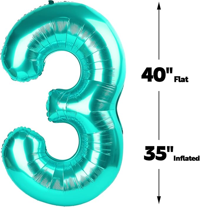 Large 40 Inch Teal Blue 3 Number Balloon, 3 13 23 30 33 36 38 Teal Blue Birthday Party Decorations, Numbers Three Foil Balloons for Anniversary Party Graduations Celebration Supplies