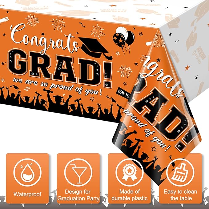 12Pack Graduation Tablecloth Party Decorations, Class of 2026 Congrats Grad Plastic Tablecover Party Supplies, Orange Rectangle Graduation Table Decorations for College High School Party, 54 x 108Inch