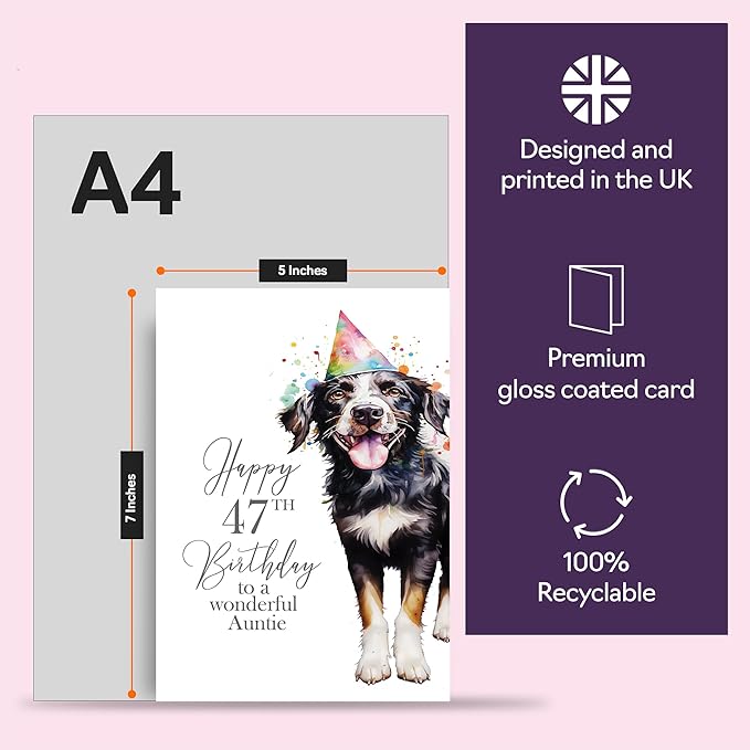 47th Birthday Cards for Auntie - Party Dog - Happy Birthday Card for 47 Year Old Aunt from Nephew Niece, 5x7 Inch Bday Women Woman Her Greeting Cards Gift for Aunty Birthday Gifts