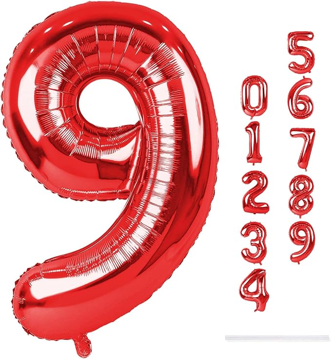 Red 9 Balloons for Boys, 40 Inch Large Foil Number Balloons Set 0-9, Self Inflating Digital 9 Helium Balloon for Girls Women Men Age Birthday Anniversary Party Decorations Photo Shoot Supplies