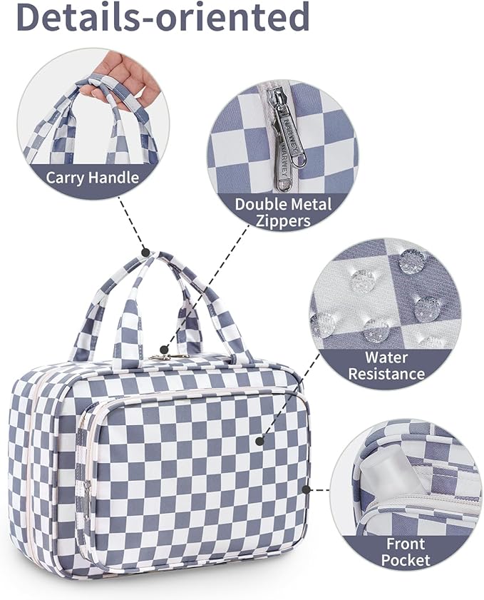 Narwey Travel Toiletry Bag for Women Large Hanging Makeup Bag Organizer Toiletries Bag for Full Size Essentials Accessories Cosmetics (Grayish Blue Checkerboard (Large))
