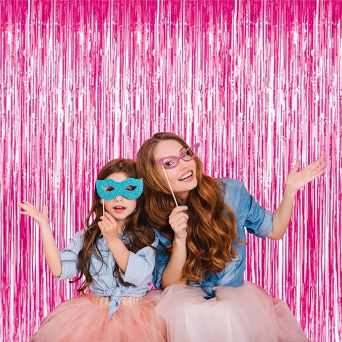 GOER 3.2 ft x 8.2 ft Metallic Tinsel Foil Fringe Curtains Party Photo Backdrop Party Streamers for Galentines Day,Birthday,Graduation,New Year Eve Decorations Wedding Decor (4 Packs,Hot Pink)