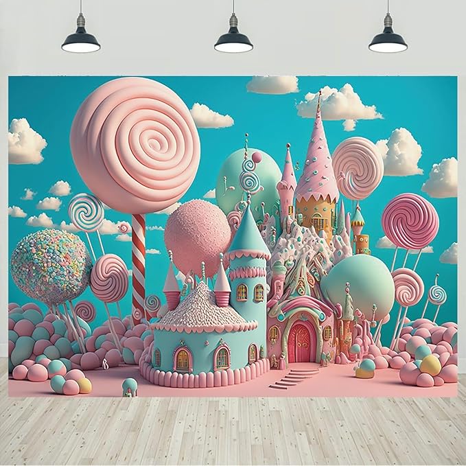 8x6ft Candyland Backdrop Fantasy Pink Sweet Candy Castle Photography Background Children's Birthday Party Candyland Theme Decorations Banner Photo Studio Props