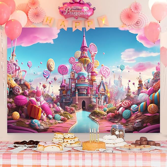 10x6.5ft Candyland Backdrop Fantasy Pink Castle Sweet Candy Photography Background Girls Birthday Candyland Theme Party Decorations Banner Photo Studio Props