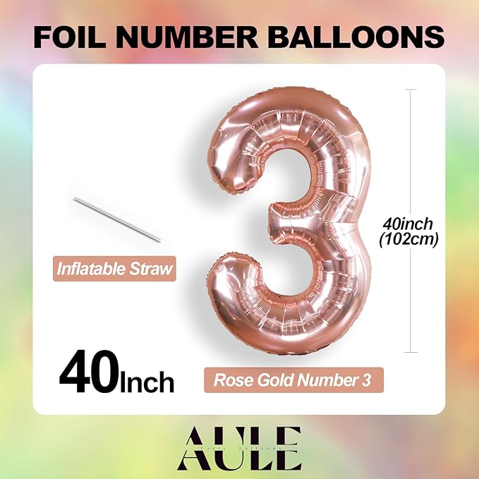 AULE 40 Inch Big Rose Gold 3 Balloon Number Large Foil Helium Number Balloons 0-9 Jumbo Giant Happy 3rd Birthday Party Decorations for Boy or Girl Huge Mylar Anniversary Party Supplies