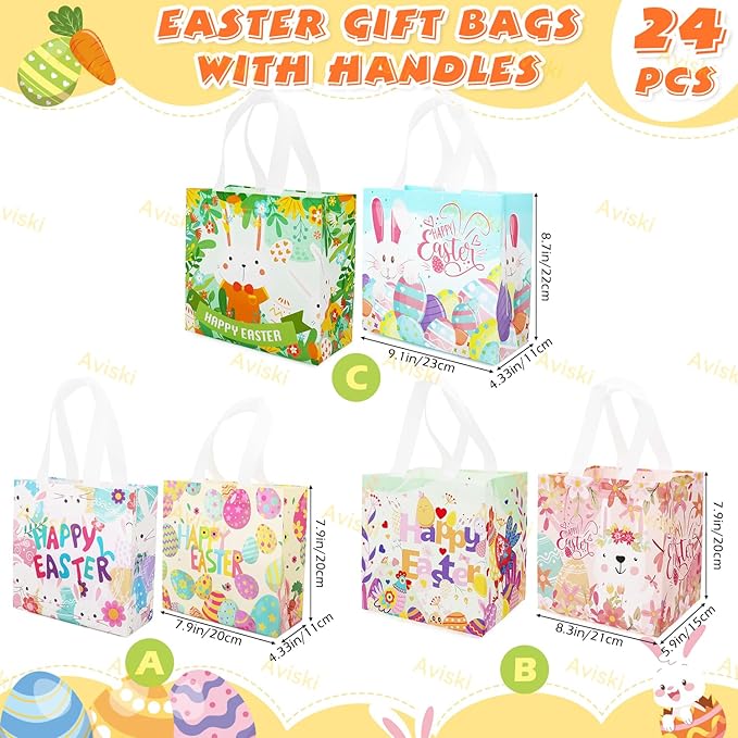 Aviski 24PCS Happy Easter Egg Hunt Bags, Assorted Sizes, Easter Bunny Carrot Chick Egg Treat Bag with Handles, Non-Woven Gifts Wrapping, Egg Hunt, Spring Party Supplies