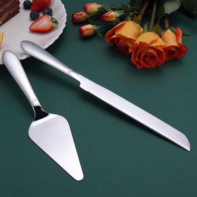 Cake Cutting Set for Wedding, Elegant Cake Knife and Server Set with Thickened Stainless Steel Rounded Edges, Cake Cutter and Pie Spatula for Birthday Anniversary, 2 Pcs, Silver