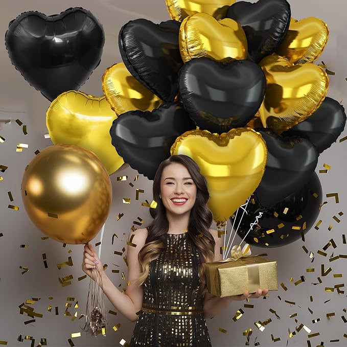 Black Gold Heart Balloons,12Pcs Black Heart Shaped Foil Balloons,18Inch Gold Helium Balloon for Birthday New Year Baby Shower Anniversary Wedding Party Decorations