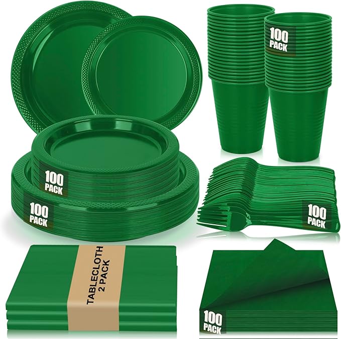 Green Plastic Plates for Party,100 Guest - 7&9inch Plates,Napkins,Forks,12 oz Cups & Tablecloths,Disposable Party Supplies for Birthday,Picnic,Christmas,Summer Activities