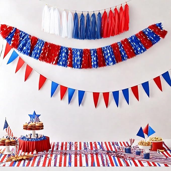 Aimto 15pcs Red Blue White Tassel Garland Banner Tissue Paper Tassels for 4th/Fourth of July Patriotic Decorations
