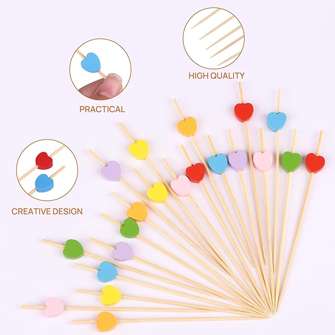 JtmyAota 100 Pack Fruit Toothpicks, Heart-Shaped Bamboo Cocktail Picks, Natural Bamboo Toothpicks for Appetizers Fruit Cake Dessert Barbecue Snacks Sandwiches (Multicolor)