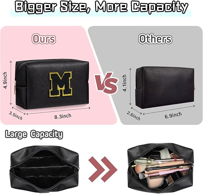 TOPEAST Personalized Makeup Bag, Chenille Letter Pouch Cosmetic Bag w Zipper, PU Leather Waterproof Toiletry Bag, Bridal Shower Gifts for Bridesmaids, Cute Stuff for Girls (Black P)